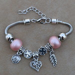 Adjustable Bracelet with cute charm Heart Rose Leaf Charm Bead